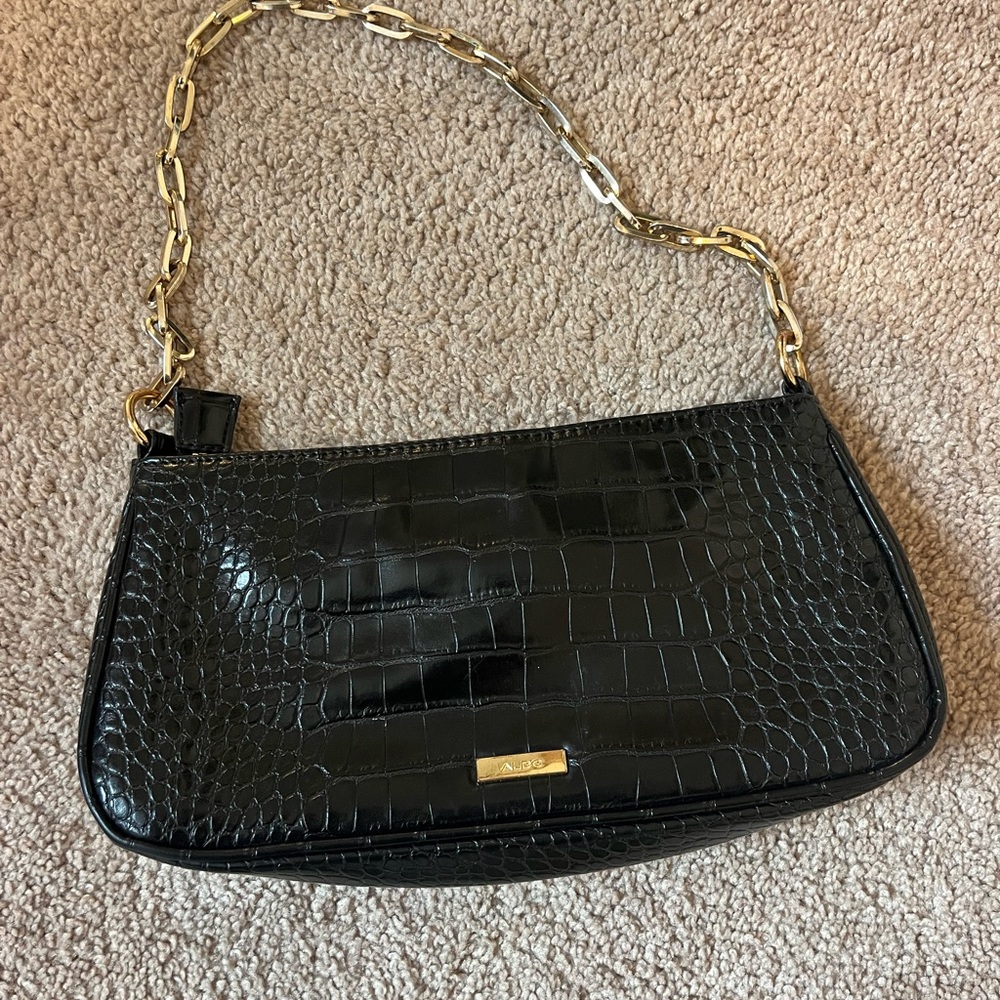 Black Croc-Embossed Bag with Gold Chain
